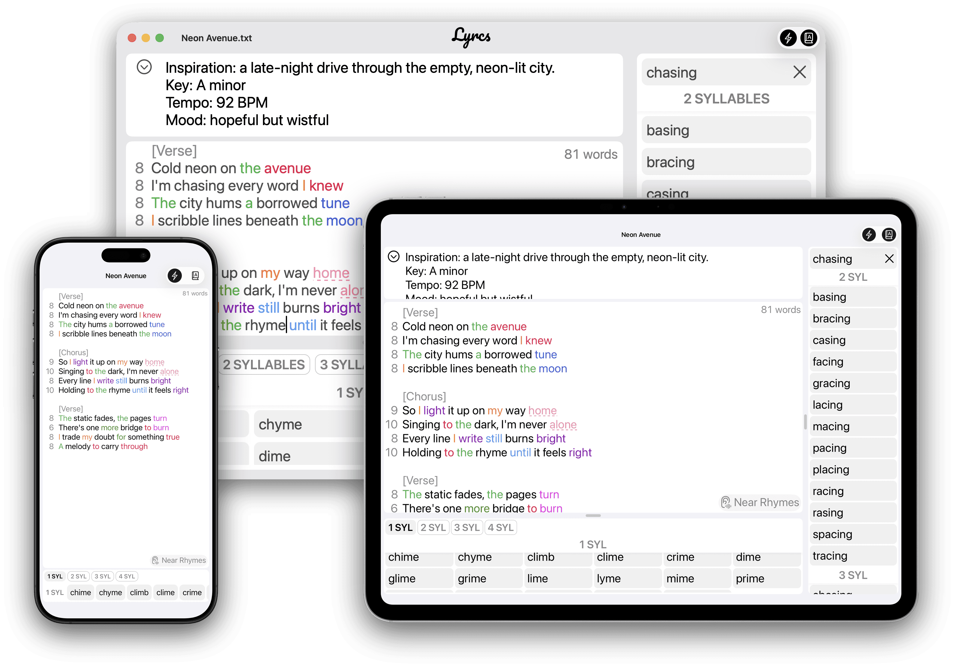 Lyrcs running on Mac, iPad and iPhone